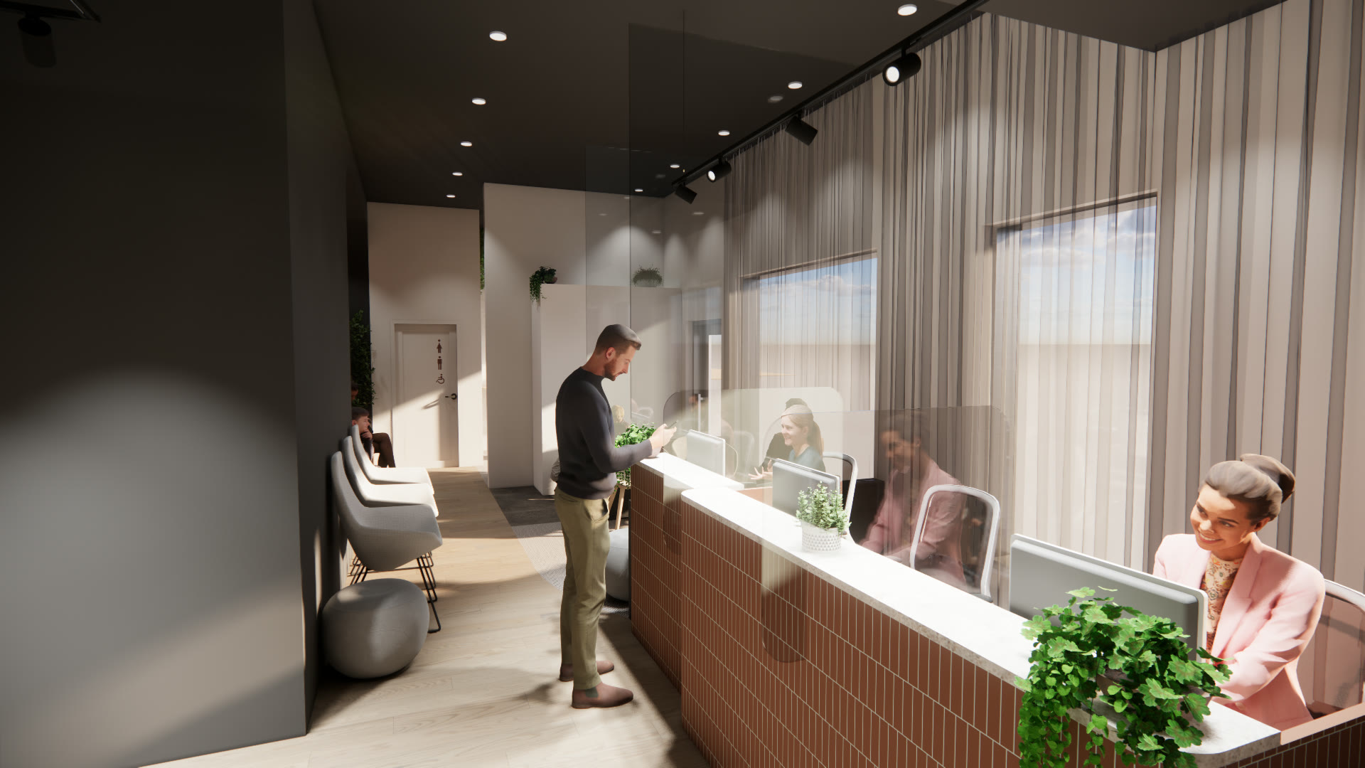 Rendu 3D de la salle d'attente de la clinique dentaire Manicouagan, Baie-Comeau